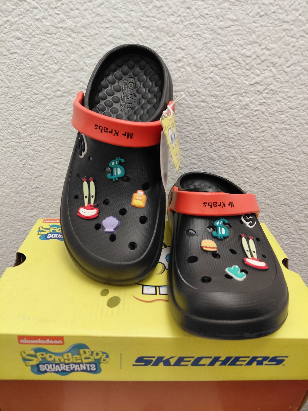 Skechers Black Slip-On Clogs  with Orange Heel Strap and SpongeBob  Charms
